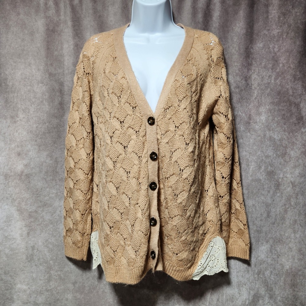 Anthropologie Lili's Closet Womens Tan Pointelle Knit‎ Button Front Cardigan M